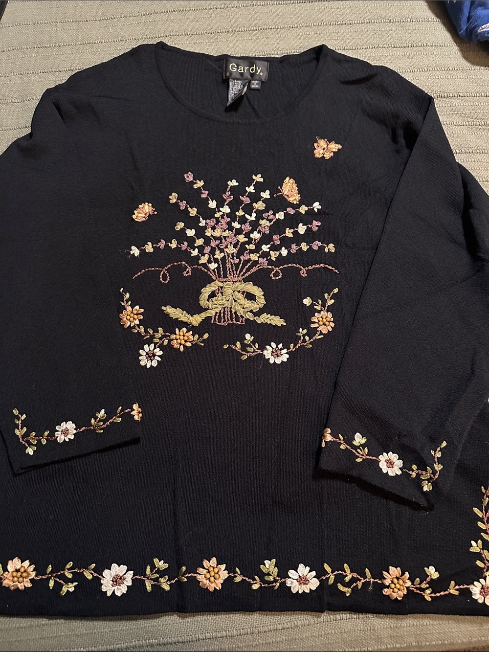 Black Embroidered Floral Crewneck Sweater